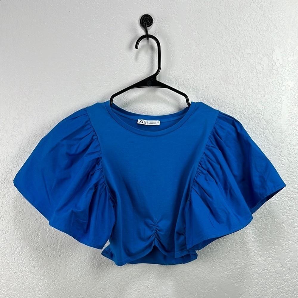 ZARA Cobalt Blue Exaggerated Sleeve Crop Top Chic Effortless Summer TC0563